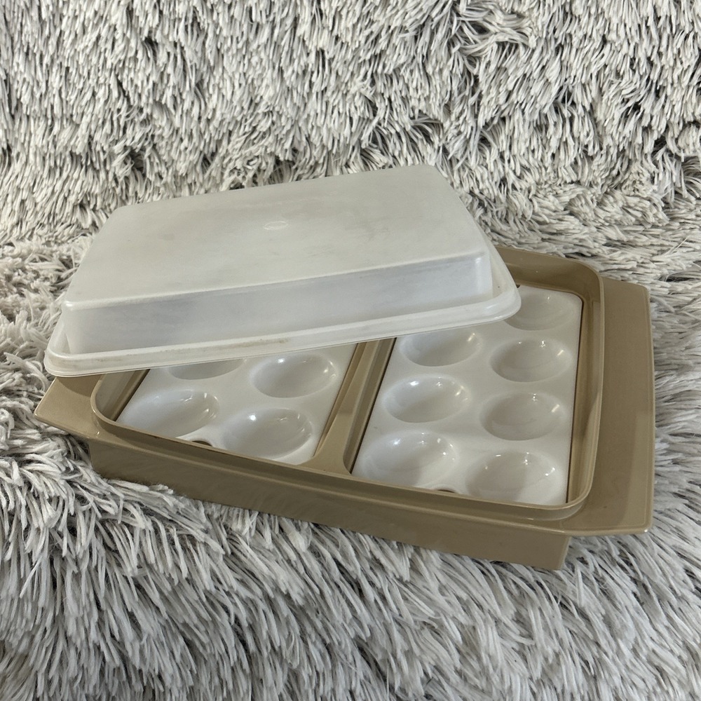 Vintage Tupperware Deviled Egg Carrier Beige White Double Tray 16 Egg Server USA